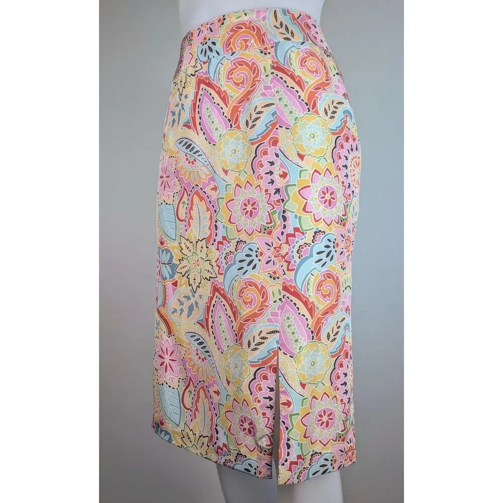 Harold's Silk Straight Skirt 4 Pink Peach Pastel Paisley Floral Graphic Retro